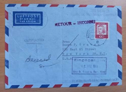 1964 Germany airmail cover to New York - returned to sender, addressee deceased