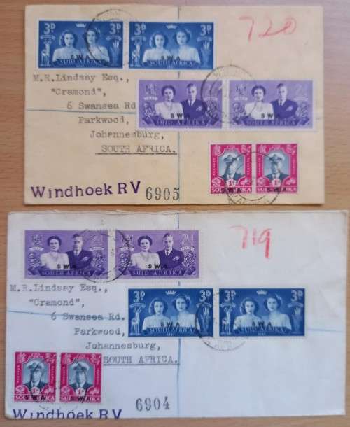 1947 SWA pair of registered covers to SA with overprint pairs
