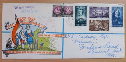 1952 SWA Van Riebeeck registered illustrated cover to SA - more than one available