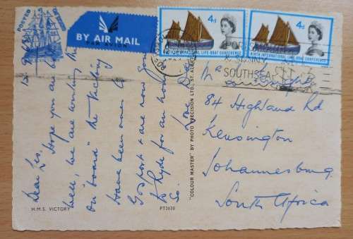 1963 Great Britain airmail postcard to South Africa, posted onboard H.M.S. Victory