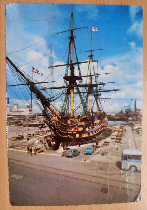 1963 Great Britain airmail postcard to South Africa, posted onboard H.M.S. Victory