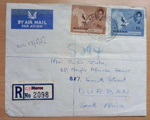 1957 Ghana registered letter Gold Coast to Durban