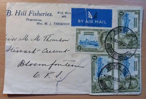 1935 Northern Rhodesia cover airmail Broken Hill to Bloemfontein