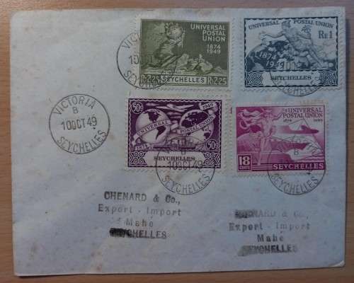 1949 Seychelles cover with 4 UPU stamps Victoria to Mahé