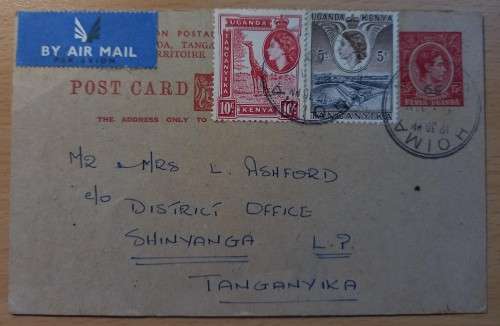 Kenya, Uganda & Tanganyika 1939 postcard to Shinyanga