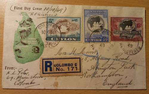 Ceylon 1949 registered FDC, Colombo to England