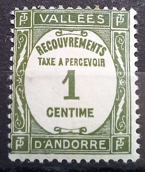 1935 French Andorra 1 C postage due, perf shift, HR