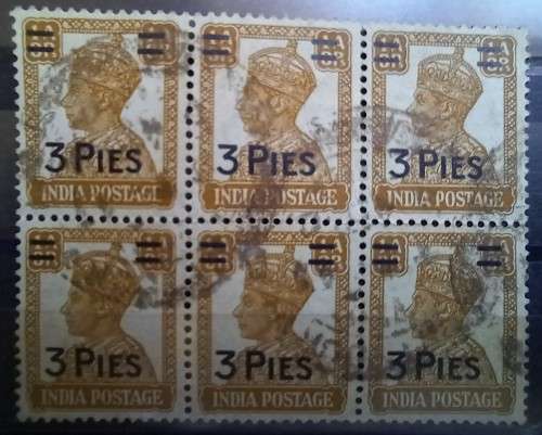 1946 India 3 Pies overprint block of 6, used