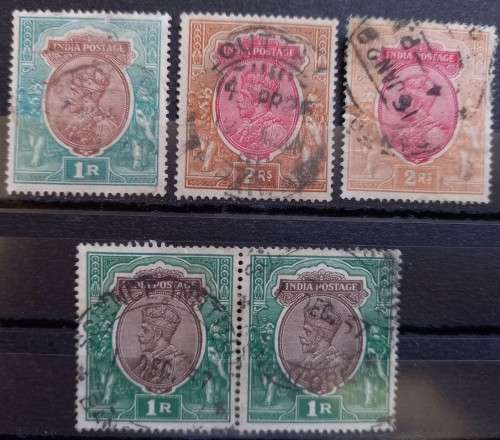 India 1912-1926 lot of 5 1R to 2R used colour variations