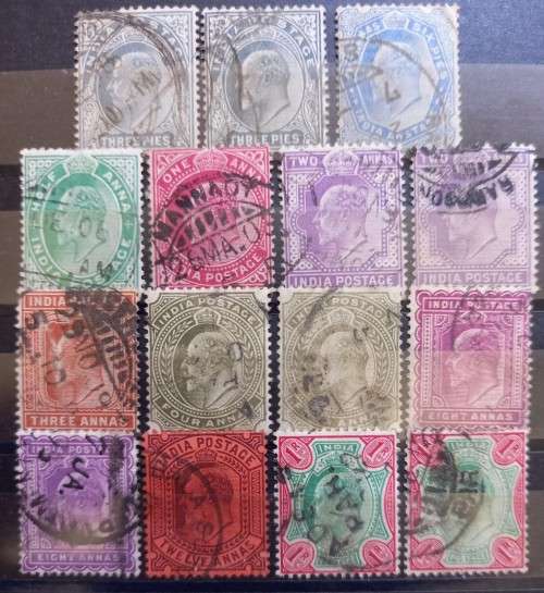 1902 India lot of 15 used Edward VII stamps, excellent colour variations