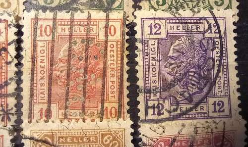 Austria 1904 to 1906 lot of 12 Heller stamps, used