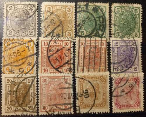 Austria 1904 to 1906 lot of 12 Heller stamps, used
