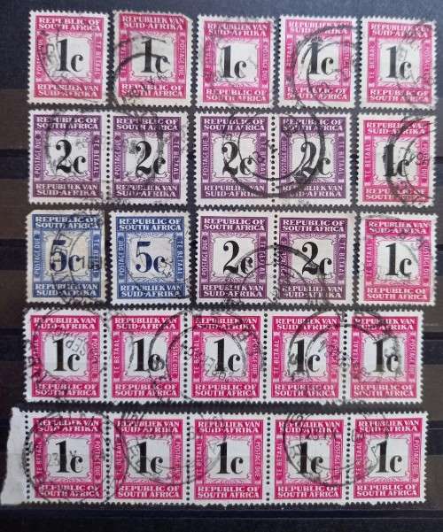RSA 1961-71 lot of 9 singles, 3 pairs & 2 strips of 5, used, postage dues