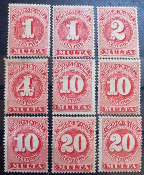 1898 Chile full set of 5 postage dues + duplicates MH (9 stamps)