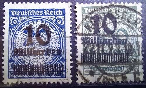 1923 Germany 10 Billion overprints, used - on 20M and 100M