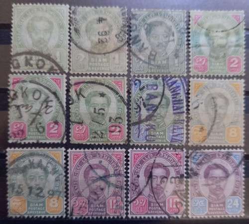 1887 Thailand Siam lot of 12 Chulalongkorn stamps to 24 Att
