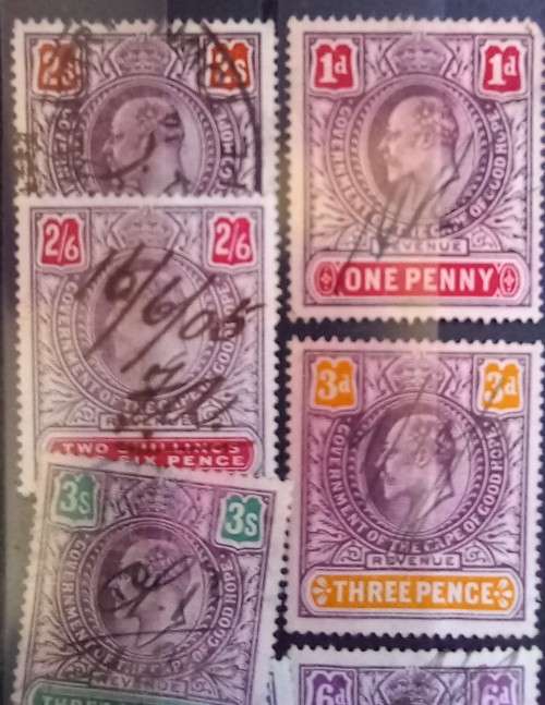 Cape of Good Hope lot of 9 revenue stamps, used 1d to 1 pound