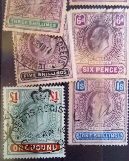 Cape of Good Hope lot of 9 revenue stamps, used 1d to 1 pound