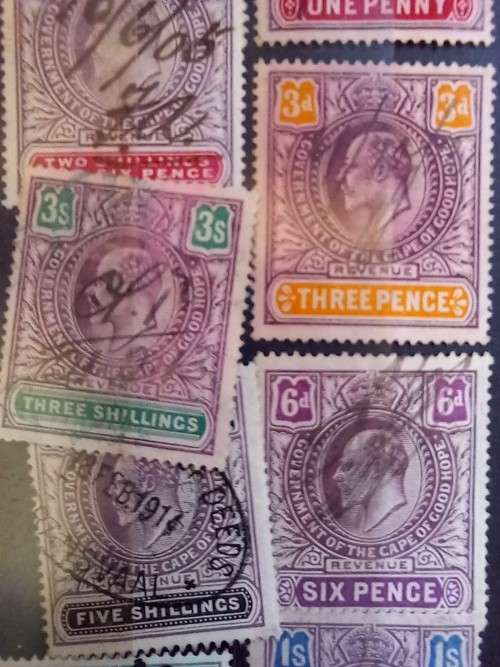 Cape of Good Hope lot of 9 revenue stamps, used 1d to 1 pound