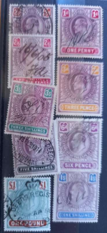 Cape of Good Hope lot of 9 revenue stamps, used 1d to 1 pound