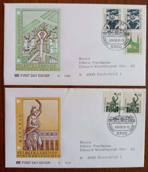 Germany 1991 lot of 4 FDCs self-adhesive stamps 10 to 100 Pf