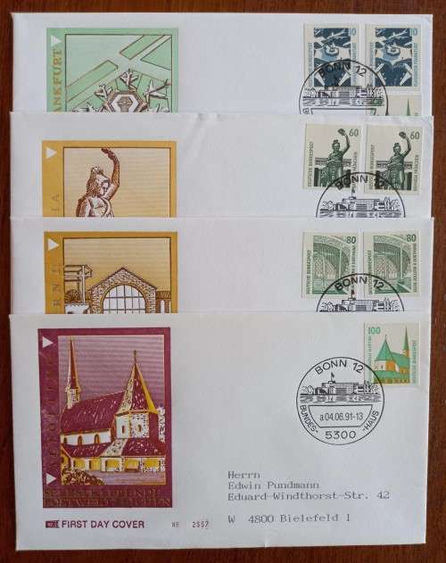 Germany 1991 lot of 4 FDCs self-adhesive stamps 10 to 100 Pf