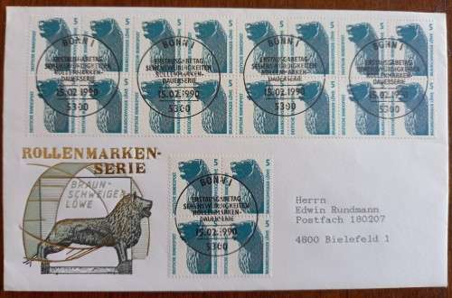 Germany 1990 FDC with coil stamps block of 16 and block of 4