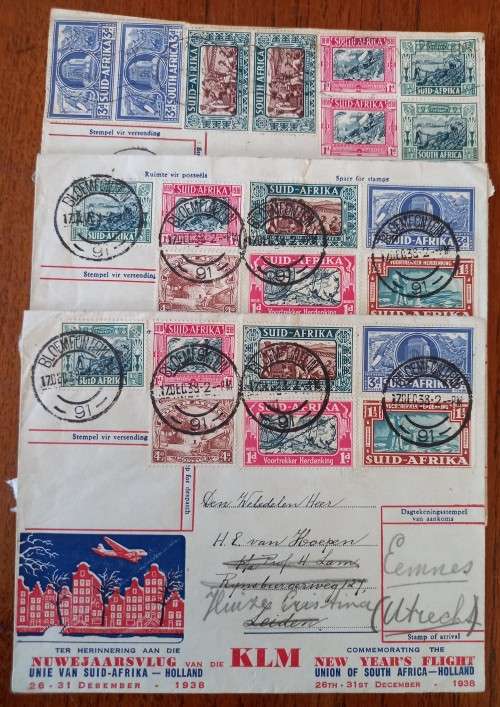 1938 SA Union lot of 3 KLM New Years Flight FDCs + one on piece