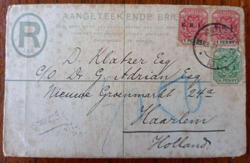 1901 ZAR Boer-war era registered cover E.R.I. and V.R.I. overprints Jburg to Holland + 4 Pence
