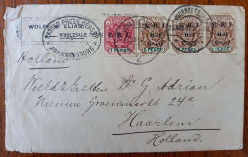 1901 ZAR Boer-war era business cover E.R.I. overprints Jburg to Holland, with press censor pass