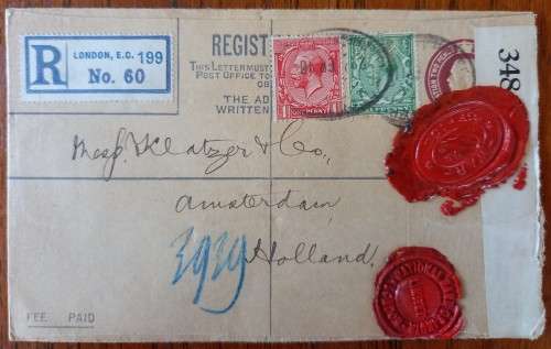 Great Britain WW1 registered cover London to Amsterdam, with War Office and Bank of India wax seals