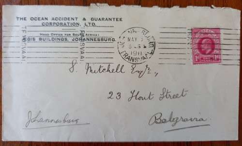 1911 SA Union business cover Transvaal JHB to Belgravia with Natal 1d stamp