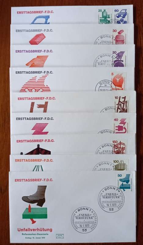 Germany Federal Republic 1971 to 1973 lot of 9 FDCs Injuries At Work
