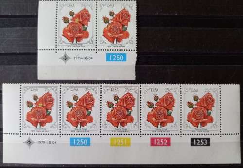 1979 RSA 25c Rose control block + pair MNH with print error - yellow blotch on 1st stamp