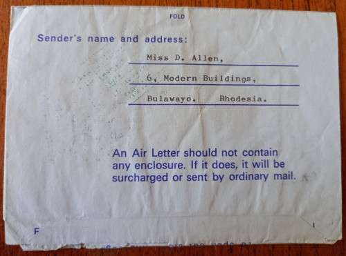 1970 Airmail cover Rhodesia to London with postage dues