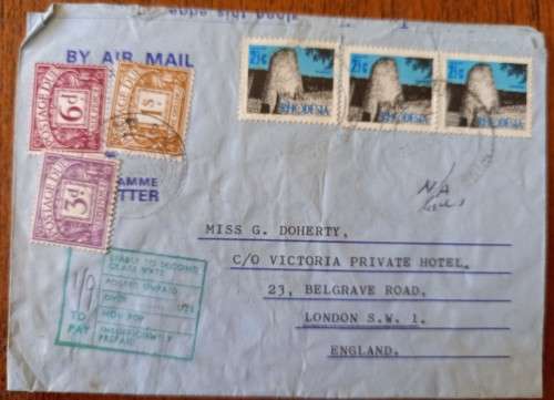 1970 Airmail cover Rhodesia to London with postage dues