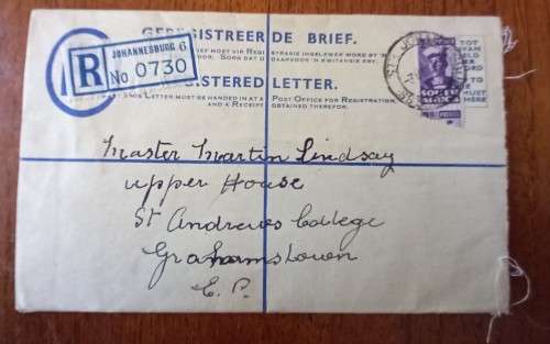 1946 SA Union registered cover Johannesburg to Grahamstown on 4d prepaid envelope