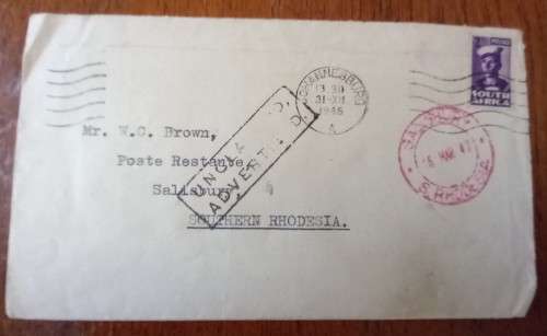 1947 SA Union cover Johannesburg to Southern Rhodesia, unclaimed, returned