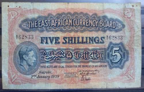 1939 East Africa 5 Shillings Nairobi - rare date 2 January