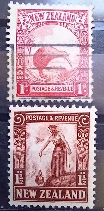 1935 New Zealand 1/2D block of 4 MNH, 1D used, 1 1/2D MNH