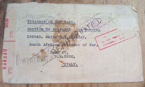 SA Union 1941 Prisoner of War post Grahamstown to Italy (addressed to Major), repatriated, opened