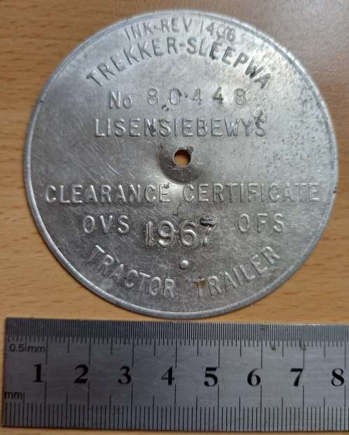 1967 Orange Free State Tractor Trailer licence disk clearance certificate