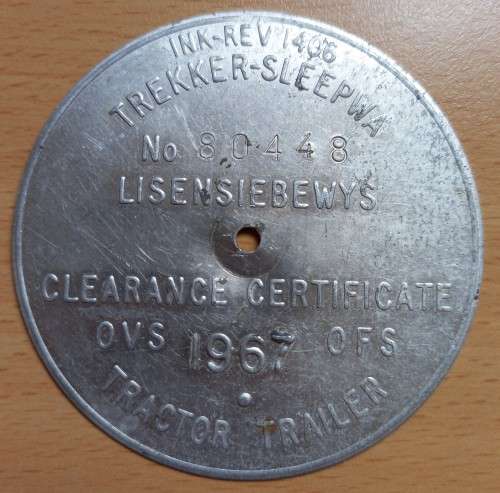 1967 Orange Free State Tractor Trailer licence disk clearance certificate