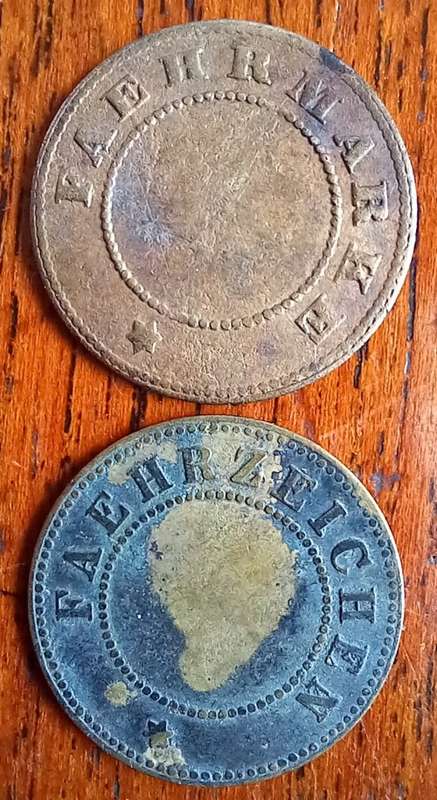 Pair of Hamburg early 1900s ferry steamship tokens - 2 types - Faermark & Faerzeichen