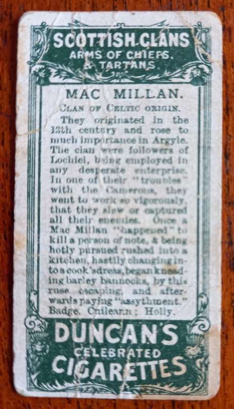 Duncan`s Cigarettes Scottish clans (x3) cards 1910 CV R1000
