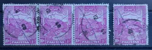 Pakistan 1957 R10 strip of 3 + single used 13 1/2 perf