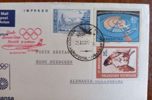 Argentina 1972 flight cover Buenos Aires to Munich Olympics