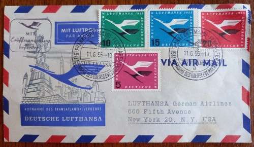 1955 Germany official flight cover Lufthansa Frankfurt to New York
