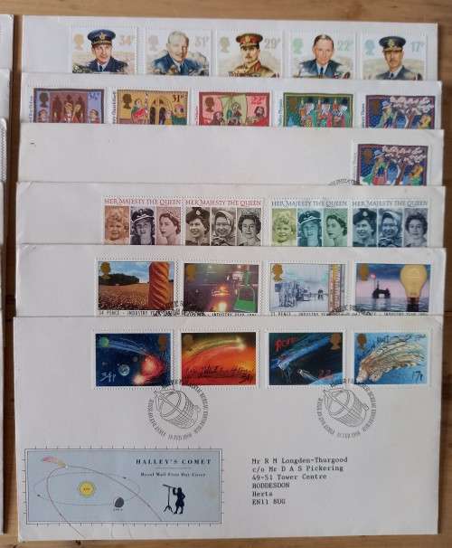 1986 Britain lot of 12 FDCs + 32 MNH stamps, CV$100