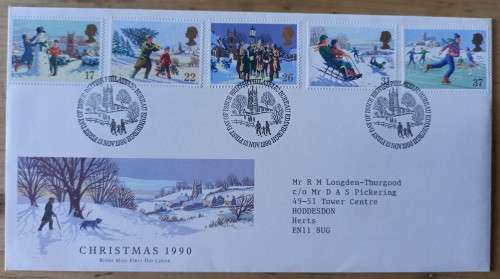 1990 Great Britain Christmas FDC + 5 MNH blocks of 4